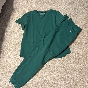 Fabletics hunter green scrub top and joggers.